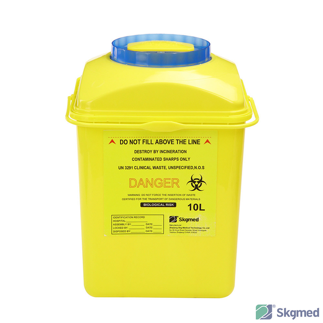 Contenedor para objetos punzantes de 10 litros con extractor de agujas autom&aacute;tico incorporado